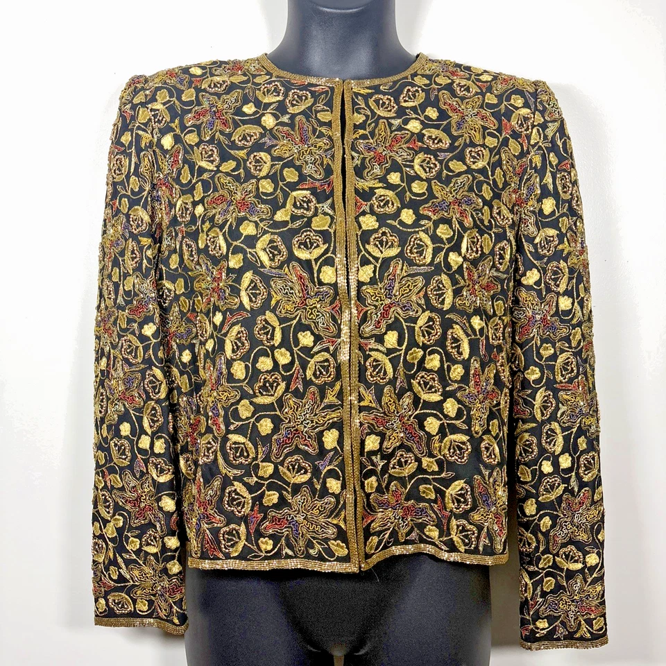 Chaqueta Scala Vintage XL Dorada Cuentas Seda Fiesta Bordada Cóctel Formal Negra Foto 2 de 4
