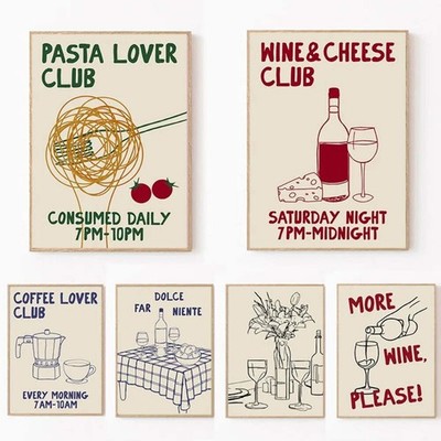 Handgezeichnete Küche Mokkakanne Kaffee Pasta Liebhaber Wein und Käse Lebensmittel Druck Wand A