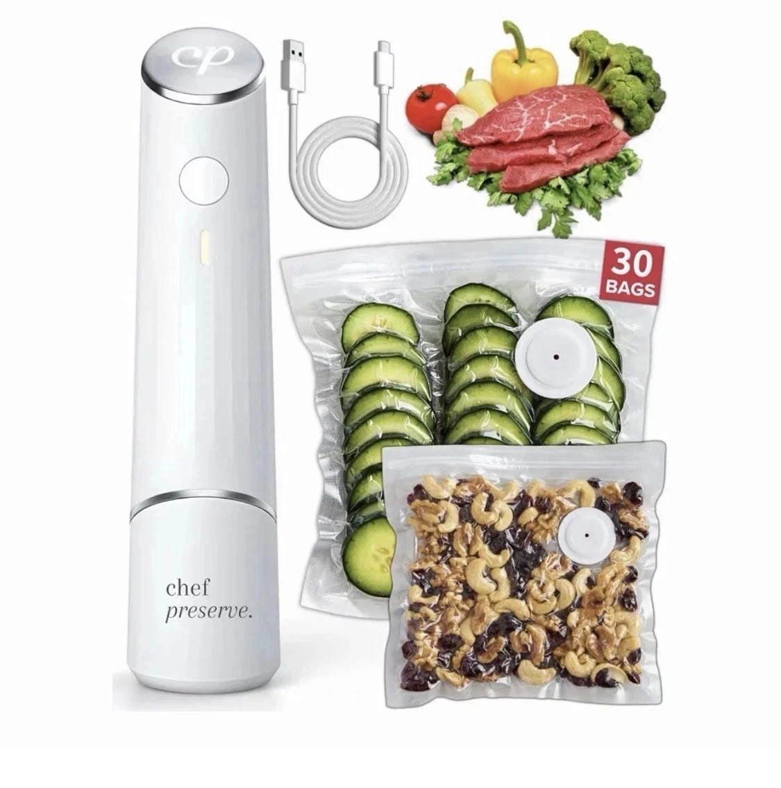 Chef Preserve Compact Vacuum Sealer for Food + 30 Reusable Vacuum Bags