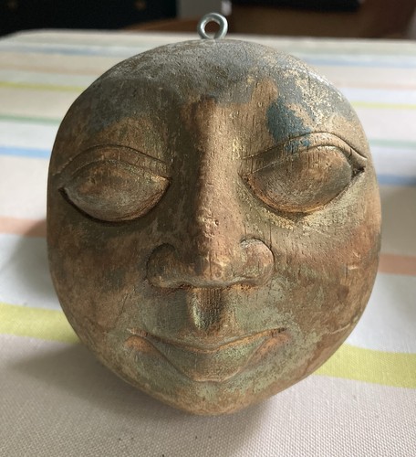 Vintage Hand Carved Moon Face Two Sided Wood Ornament Folk Art Wall Hanging 5”