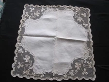 Antique linen handkerchief, hand embroidered tulle monogram M.S.