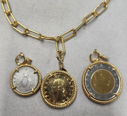 Bellezza Bronze Paperclip Chain Necklace with 3 Lira Coin Pendants 18" - product listing photo
