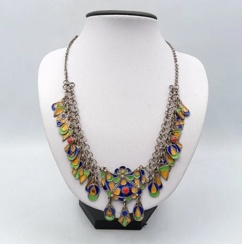 Berber Necklace Kabyle Silver Metal Enamel Red Glass Beads Early 20th Century