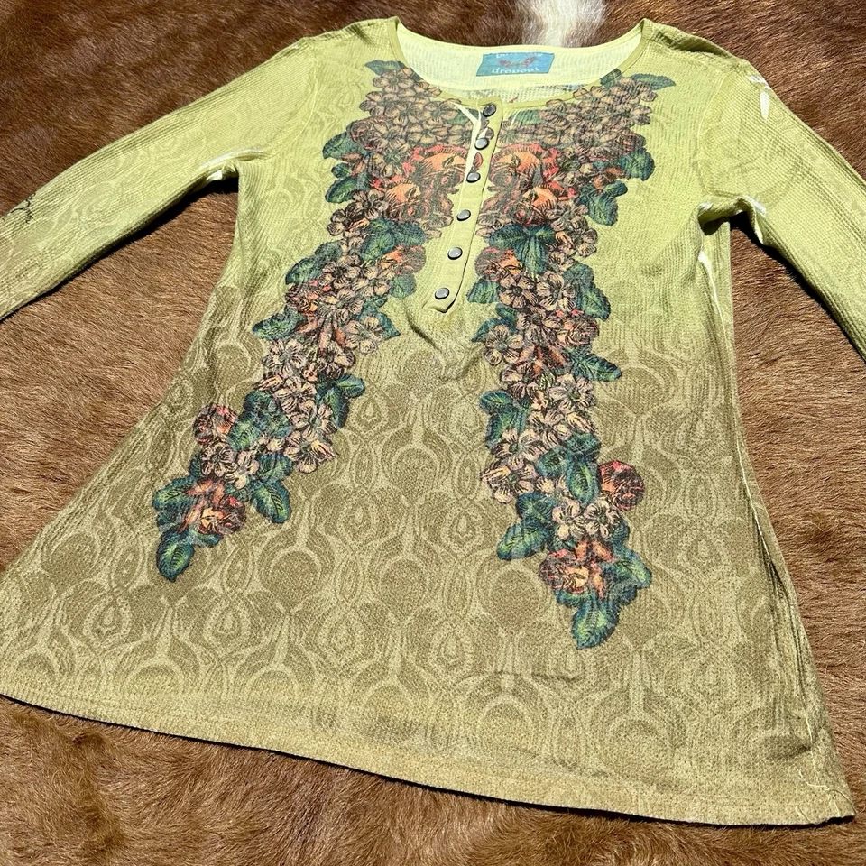 Vintage Y2K Butterfly Dropout Long Sleeve Top USA Love Floral Fairy S Henley EUC - Image 3 of 4