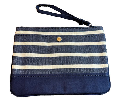 Lands' End Canvas Pouch Medium Deep Sea Wide Stripe Wristlet New NWT 10x8