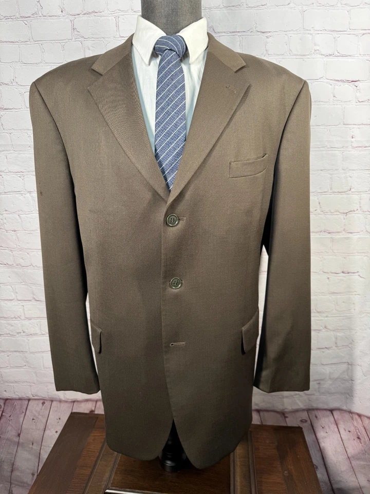 J. FERRAR Mens Brown Classic Fit Wool Pleated 2 Piece Suit 46R Jacket 42x31 Pant - Image 2 of 4