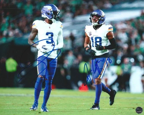 Justin Jefferson & Jordan Addison Dual Signed Minnesota Vikings 8x10 Photo COA