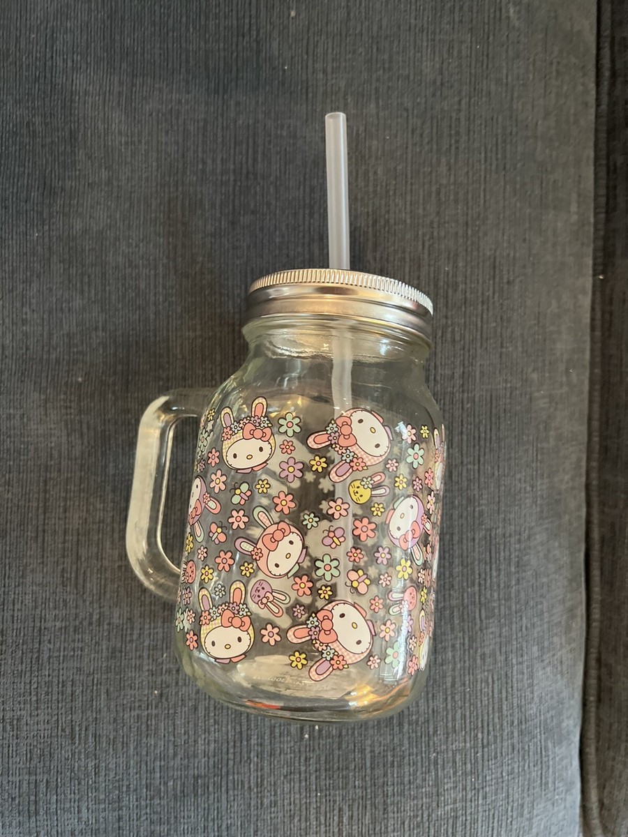 Brand New Hello Kitty Easter Bunny Mason Jar Glass Mug with Lid 
