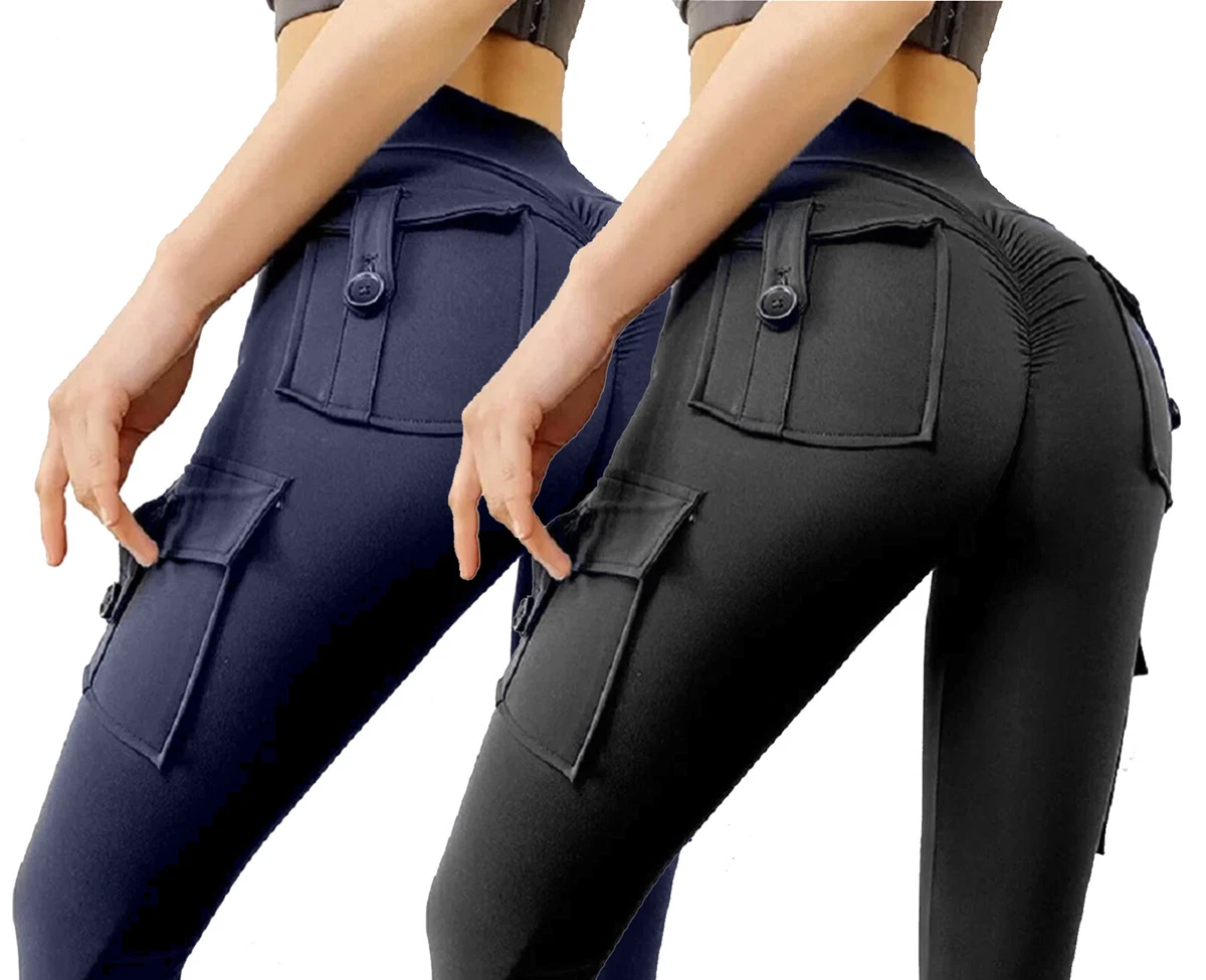 Ladies Women High Waist Yoga Anti Cellulite Scrunch Butt Pockets Cargo  Leggings