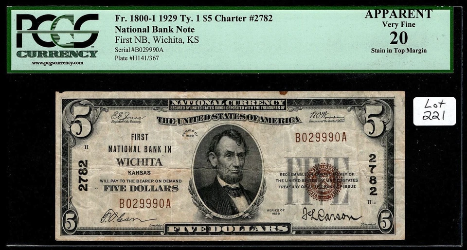 1929 $5 Fr. 1800-1 First National Bank in Wichita Kansas Charter #2782m PCGS 20 - Image 2 of 3