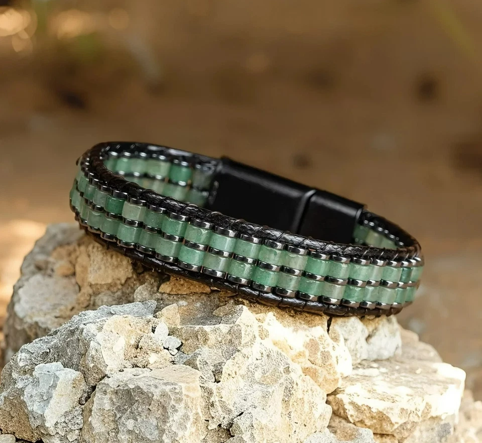 Natural Green Aventurine Stone Beads Crystal Hematite Ladder Men's Bracelet Gift - Image 2 of 4