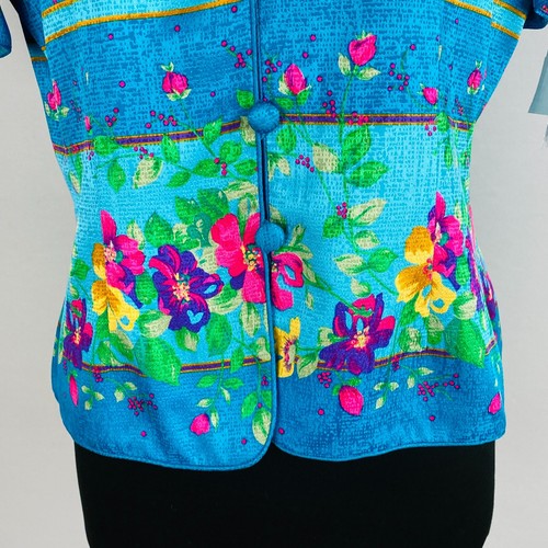 Adriana Papell Bold Colored Floral Stripe Button Down Collarless Women's Top 8 - Picture 6 of 11