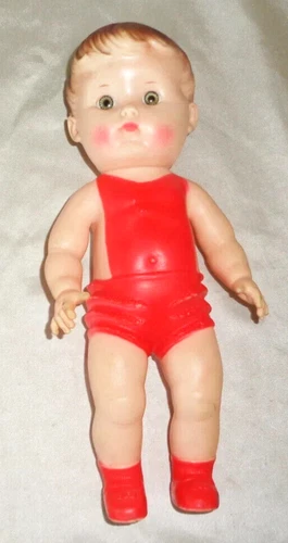 10 inch Sun Rubber Co 1956 Boy Girl Doll in Red, Vintage Non Squeaker toy