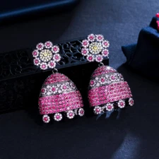 Exclusive Rose Red CZ Flower Dangle Drop Earrings Ear Jewelry for Bridal Pageant