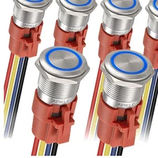 Professional 19mm Latching Push Button Switch with Waterproof LED - 6PCS Set