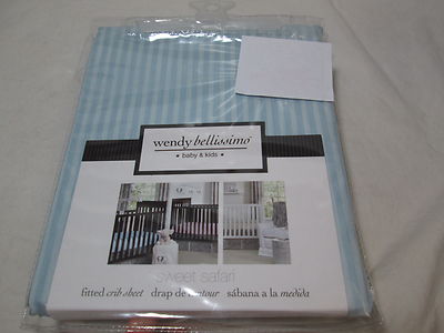 New Wendy Bellissimo SWEET SAFARI Fitted Crib Sheet 28''x52'' - Blue Stripe NIP