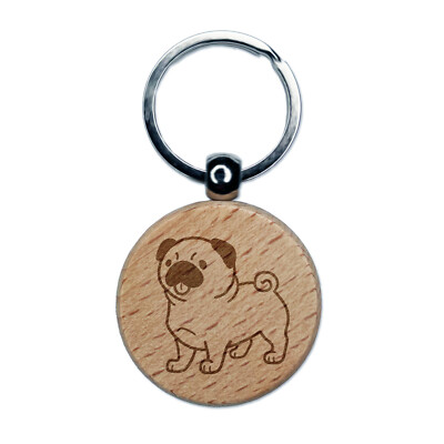 Pug Standing with Tongue Out Dog Engraved Wood Round Keychain Tag Charm
