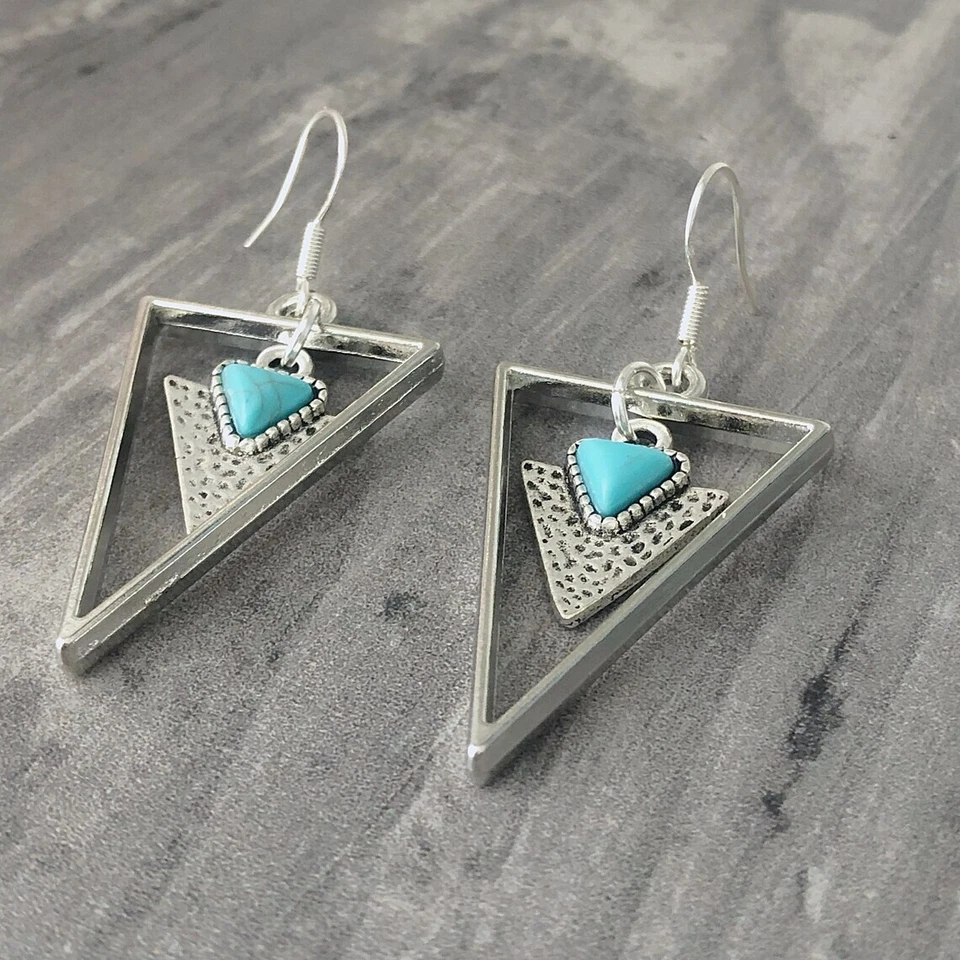 Brinco de pedra preciosa triângulo turquesa martelado joia presente boho prata esterlina - Imagem 3 de 4