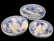 Old Imari Landscape Design Blue White 3 Large Bowls By Kakuken 