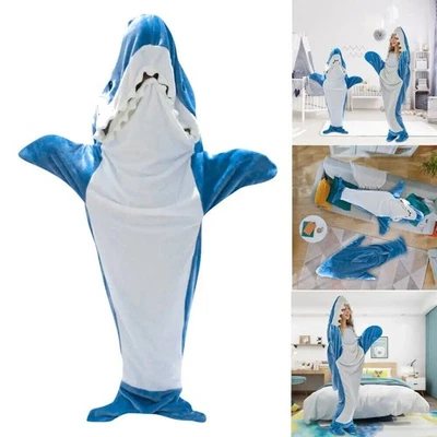 DDDNU168 Kids & Adult Flannel Shark Blanket Hoodie Super Soft Cozy Blanket Sleeping Bag