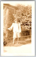 Vtg B&W Snapshot Woman In Skirt By Fence 1940s