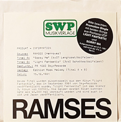 Ramses Sorry Ma 7'' Single Promo W/Lbl Vinyl Schallplatte 79104