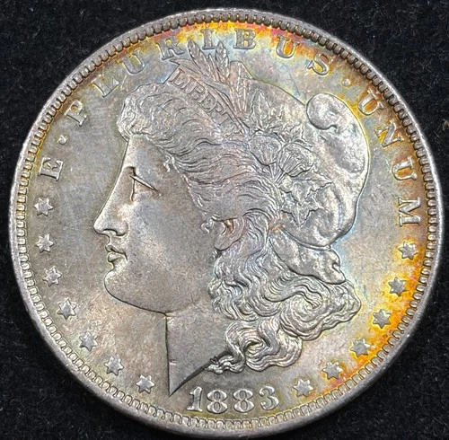 Genuine 1883-O Morgan Silver $1 - AU + Detail - Rainbow Lilac/Blue/Orange Toning