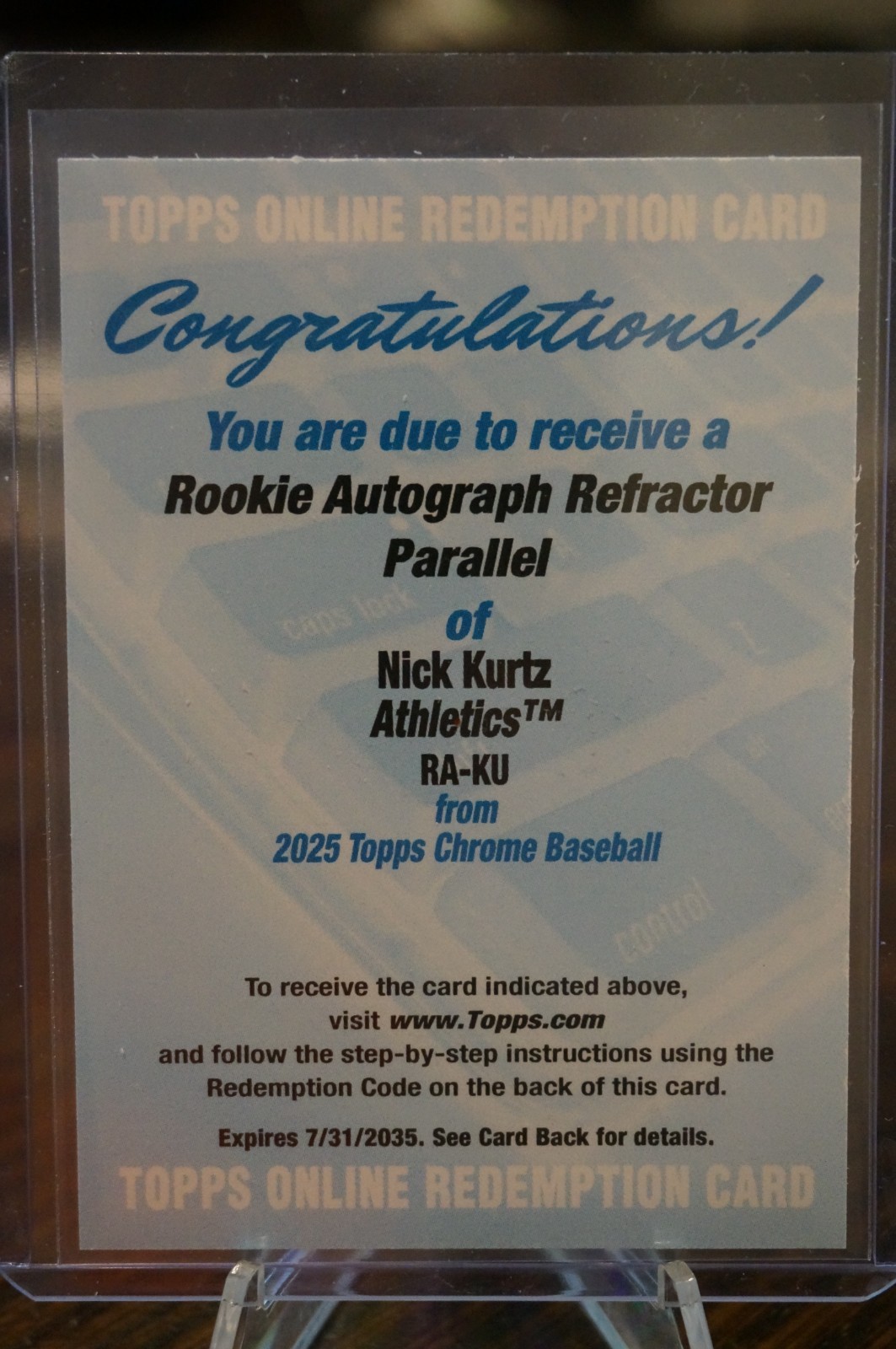 2025 Topps Chrome Nick Kurtz Rookie Refractor Auto Redemption Card /499