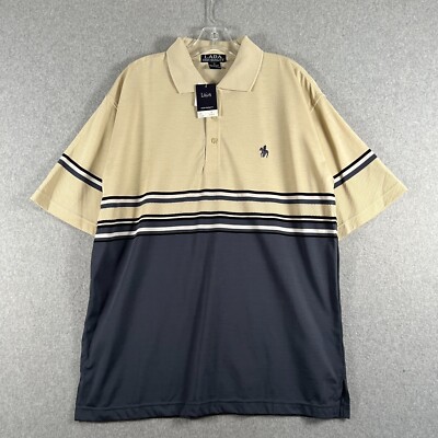 Lada Polo Shirt Mens M Beige Blue Black Striped Smooth Textured Short Sleeve NWT