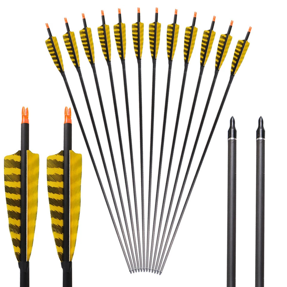 12pc 30" SP400 Carbon Arrows Feathers Tips Compound Recurve Bow Hunting Target - Image 3 of 4