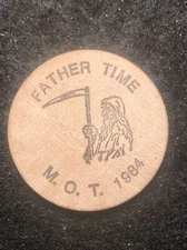 Mardi Gras Father Time M.O.T. Queen Alicia 1984 Token Wooden Nickel