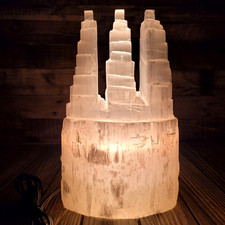 15lb Selenite Lamp XXL Triple Skyscraper 12" Satin Spar Crystal Tower w/ Dimmer