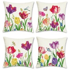 Tulip Spring Floral Pillow Covers 18 x 18 Inch Set of 4 Farmhouse Garden Colo...