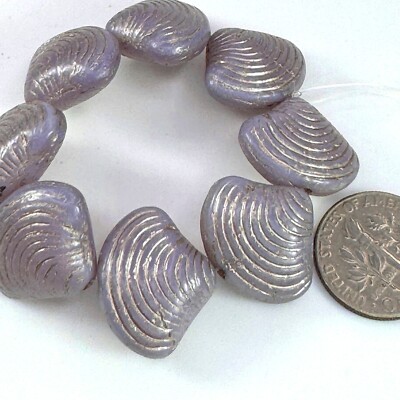 Shell Beads, 15x18mm, Purple Thistle w/Beige Wash, Czech, 8 Pieces