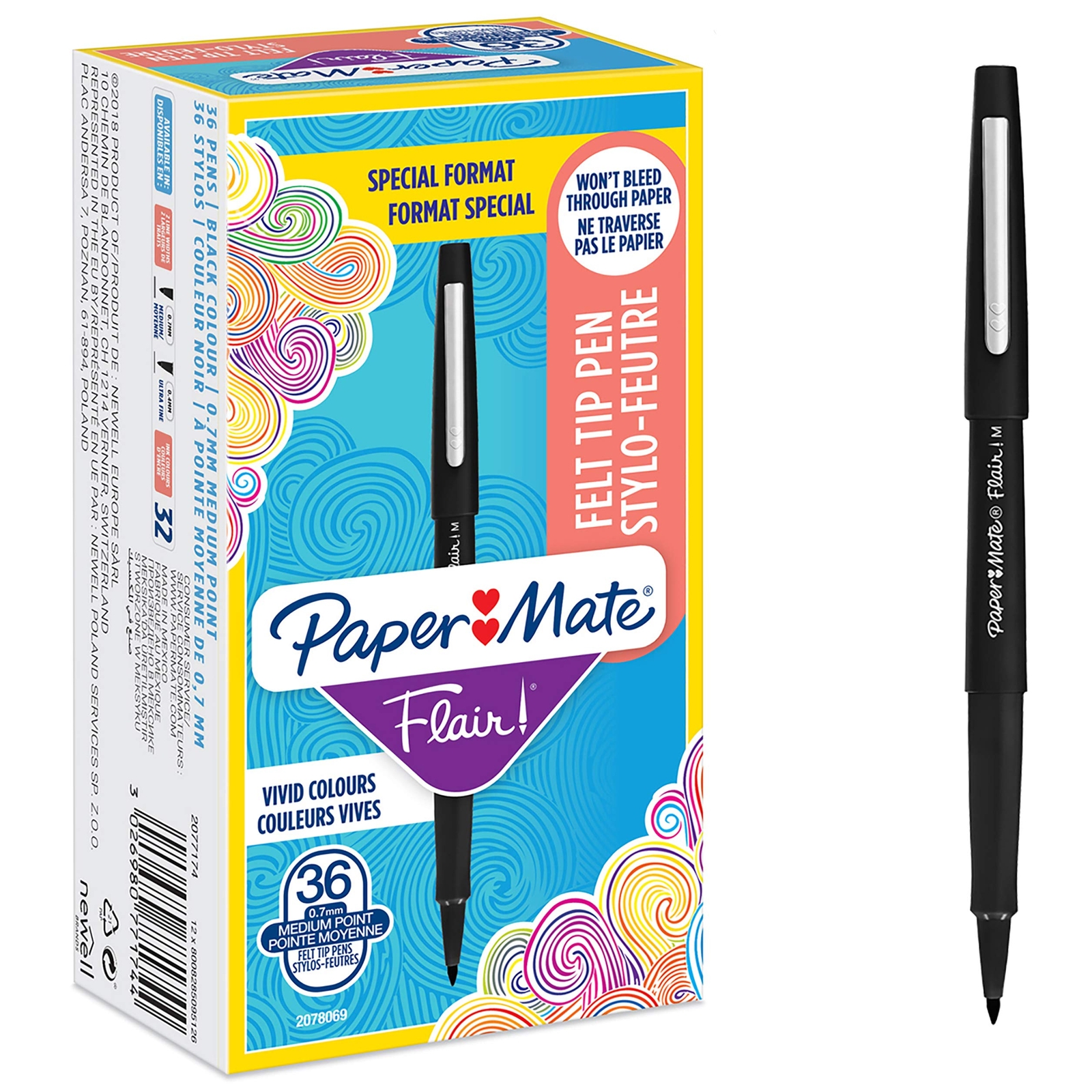 Paper Mate Flair Felt Tip Pens, Medium Point (0.7mm), Black, 36 Count medium nib