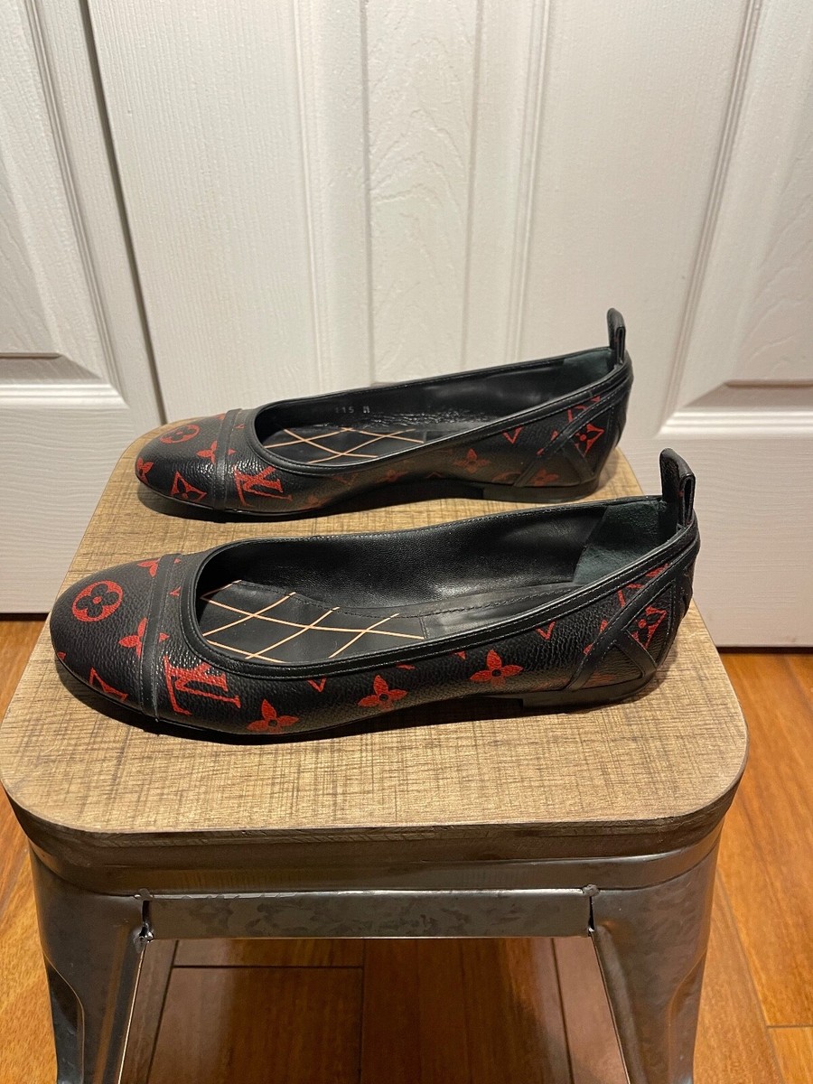 LOUIS VUITTON BLACK RED MONOGRAM REVIVAL BALLERINA FLAT SHOES 36.5