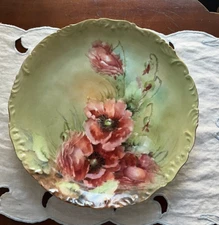 ANTIQUE TRESSEMANN & VOGT T&V LIMOGES HAND PAINTED POPPIES SIGNED CHARGER PLATE