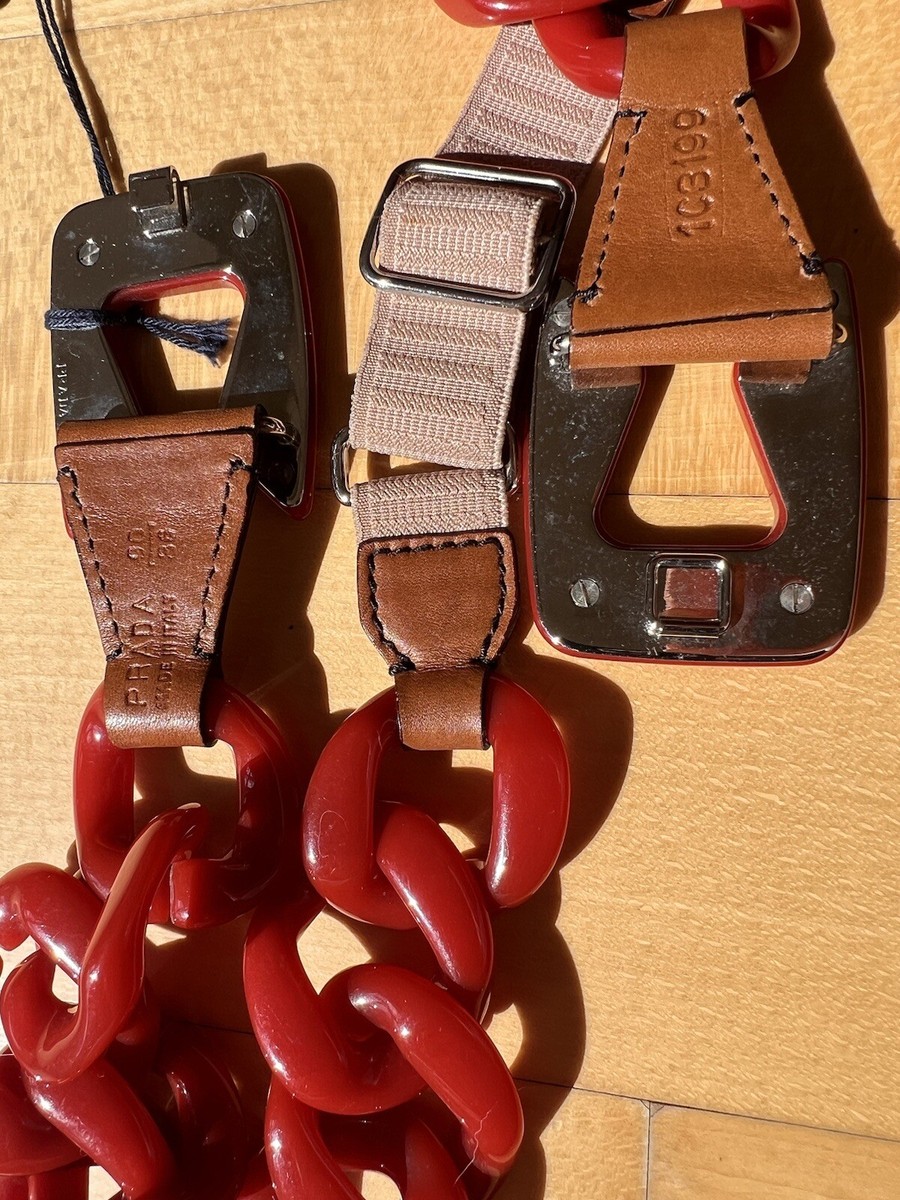 PRADA BELT, VINTAGE LOOK RED PLASTIC CHAIN BELT,WAISTBAND BACK,LEATHER DETAIL 85 PRADA BELT, VINTAGE LOOK RED PLASTIC CHAIN BELT,WAISTBAND BACK,LEATHER DETAIL 85