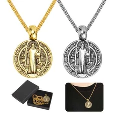 Saint St Benedict Medal Necklace Pendant Stainless Steel Crucifix Cross Exorcism