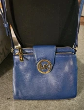 Michael Kors Crossbody Bag Pebbled Leather Wallet  Double Pouch Navy Blue