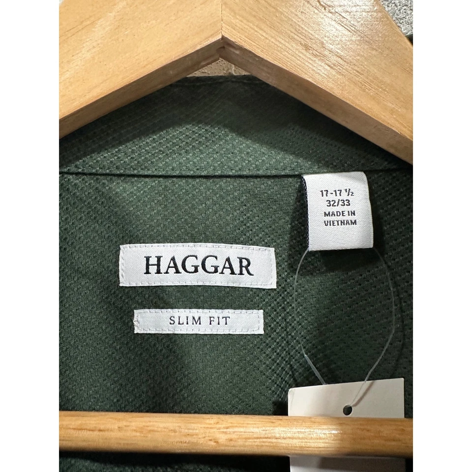 Haggar Slim Fit Dress Shirt Mens 17-17 1/2 32/33 Long Sleeve Green New - Image 3 of 4
