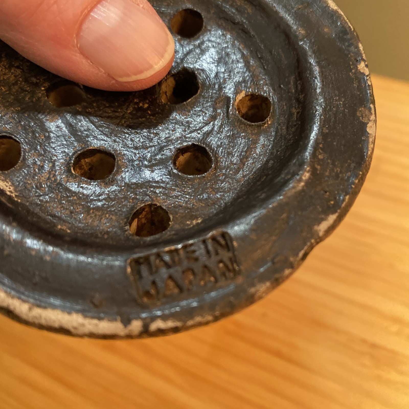 Vintage Black Pottery 10 Hole Flower Frog Made in Japan 3” x 1”