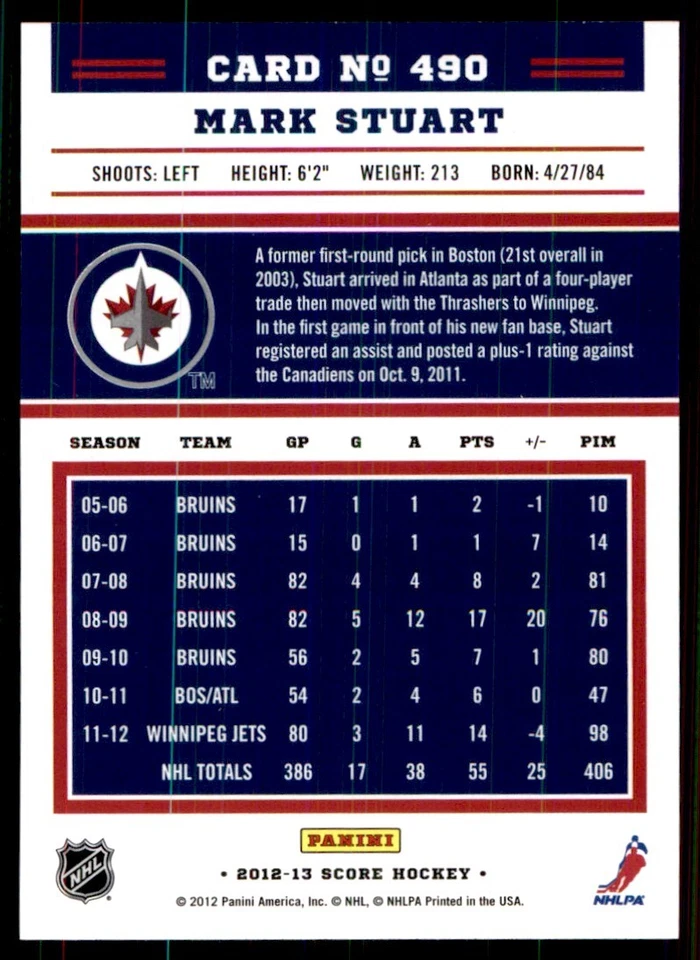 2012-13 Score Mark Stuart Winnipeg Jets #490 - Image 2 of 2