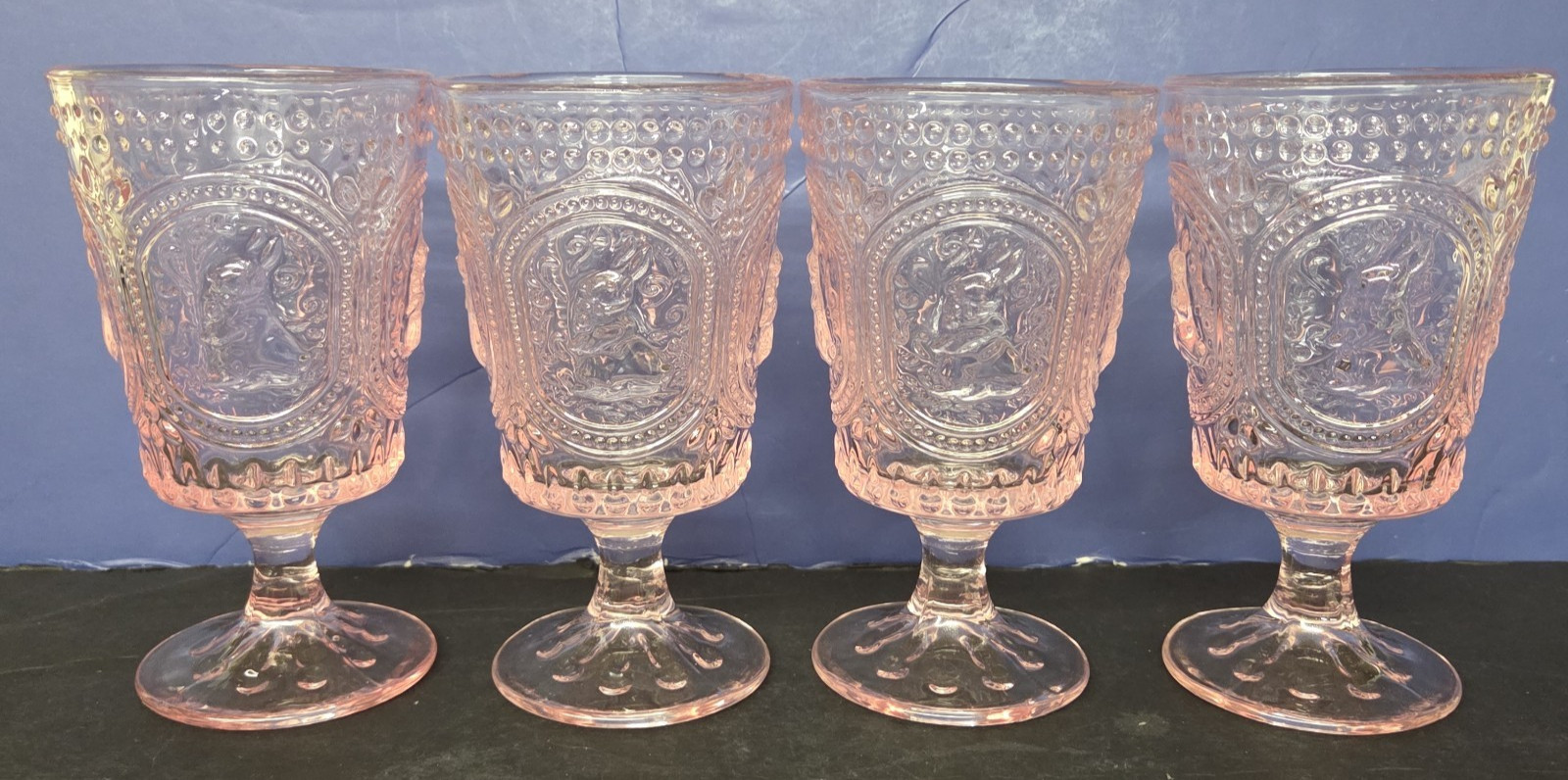 4 Vintage Style Pink Hobnail Table Home Embossed Bunny  Water Goblets Glasses 