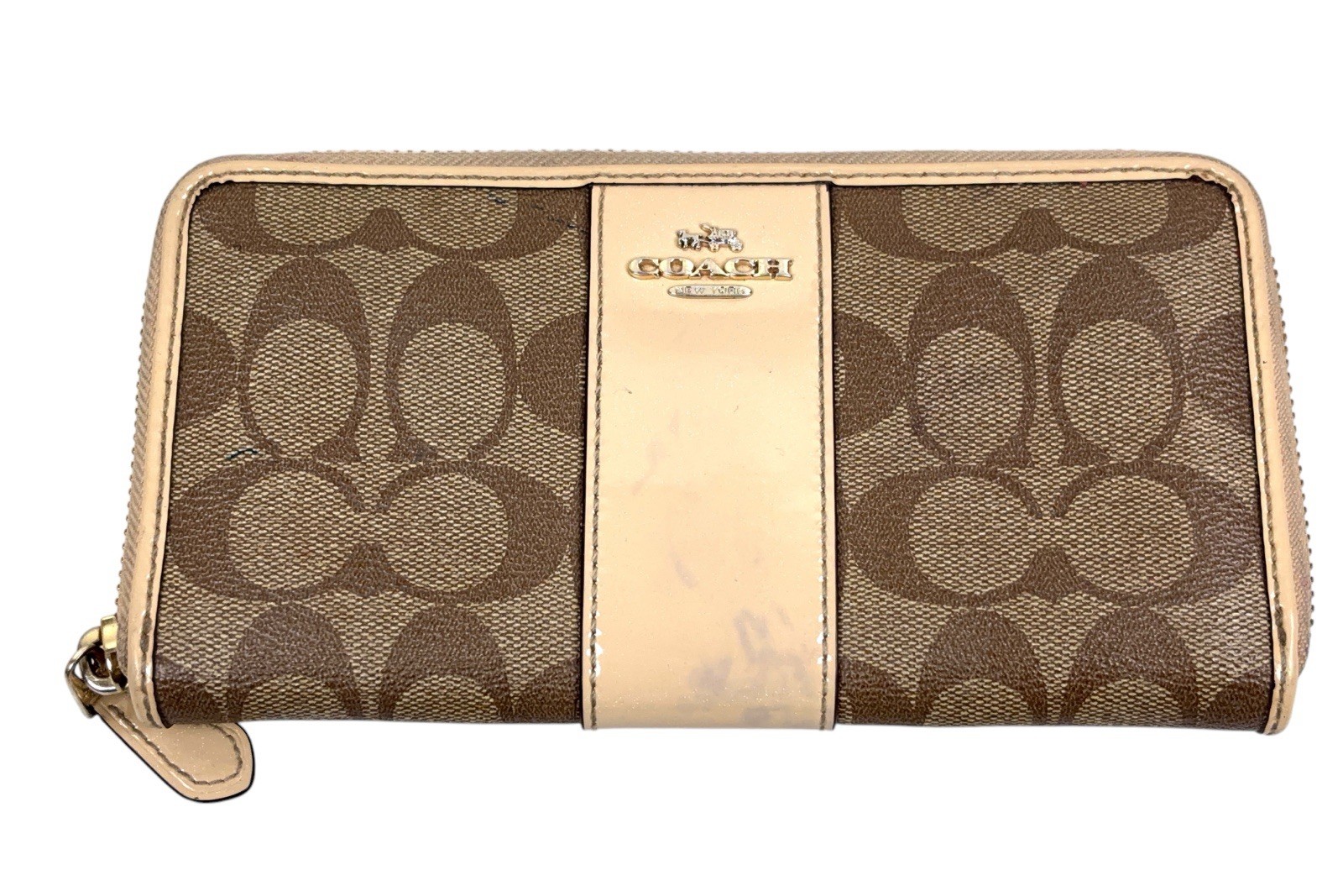 Coach Brown Tan Leather and Canvas Accordion Zip Around Long Wallet