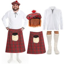Scottish Man Costume Scotland Shirt Tartan Kilt Hat Hair & Socks Fancy Dress