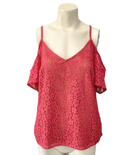 Top donna MICHAEL KORS pizzo floreale spalla fredda catena M foderato geranio nuovo con etichette