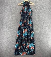 As U Wish Dress Women XS Black Floral Maxi Long Lined Sleeveless Halter Neck