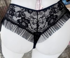 Victoria secret S Rare Vintage Black Ruffled Tulle Thong Panty Wide Side