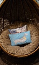Next?  Sausage Dog Blue/Yellow Decorative Cushion. W17 Inches x H10 Inches.
